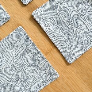 Japanese Style Fabric Coasters Set of 4 / Cotton / Homespun Blue Waves on White / 4.5" square