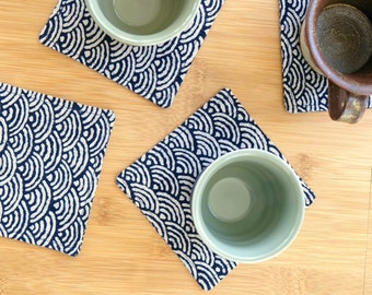 Japanese Style Fabric Coasters Set of 4 / Cotton / Geo Circle Indigo Blue and Antique White / 4.5" square