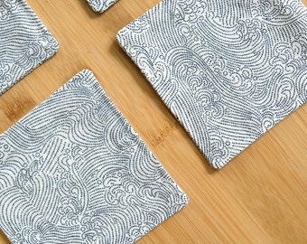 Japanese Style Fabric Coasters Set of 4 / Cotton / Homespun Blue Waves on White / 4.5" square