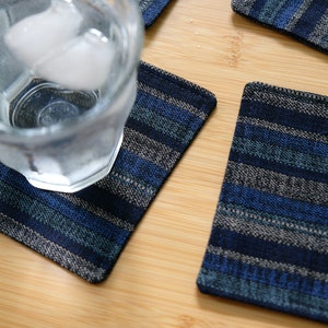 Japanese Style Fabric Coasters Set of 4 / Cotton / Homespun Blue Stripes / 4.5" square