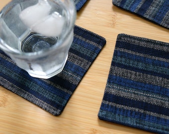 Japanese Style Fabric Coasters Set of 4 / Cotton / Homespun Blue Stripes / 4.5" square