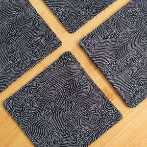 Japanese Style Fabric Coasters Set of 4 / Cotton / Nara Homespun White Waves on Indigo Navy / 4.5" square