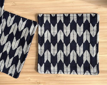 Japanese Thin Fabric Coasters Set of 4 / Indigo Arrowhead Cotton / 4.5" Square