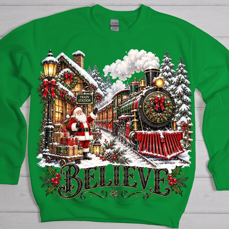 Winter Magic Lettering Vintage Santa Christmas Train DTF Heat Transfer: Believe Christmas ...