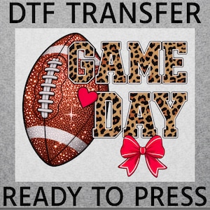 Game Day Football, DTF Heat Transfer: Leopard Print and Glitter Bow, Ready to Press