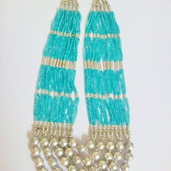 Blue - Green Beaded Multi strand necklace with metal balls