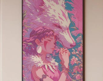 Póster rosa de la Princesa Mononoke - Arte de lobo inspirado en Ghibli, lámina del espíritu del bosque mágico, decoración de pared de fantasía anime para fans de Studio Ghibli