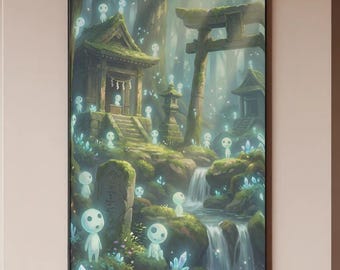 May include: A framed art print depicting a serene forest scene with a Japanese temple, a torii gate, and small, glowing spirit-like figures. The artwork features a waterfall, lush greenery, and a soft, ethereal glow.