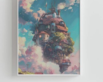 Póster de El castillo ambulante, arte mural de anime de Studio Ghibli, lámina de la adorable Sophie Calcifer, decoración retro de Hayao Miyazaki, póster de descarga digital