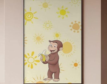 Póster de Jorge el Curioso, arte de pared de mono kawaii amarillo, lámina de personaje de dibujos animados adorable, decoración retro para habitación infantil, descarga digital instantánea.