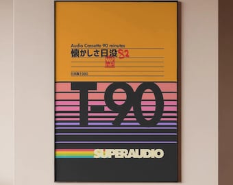 Póster de casete retro - Arte mural con estética musical de los 80, lámina vintage de mixtape T-90, decoración synthwave nostálgica para amantes de la música.