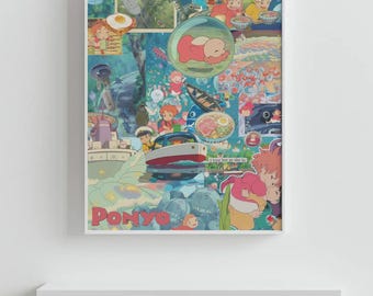 Póster de Ponyo, Arte mural de anime de Studio Ghibli, Impresión de collage para álbum de recortes, Decoración de películas de Hayao Miyazaki, Póster de descarga digital instantánea