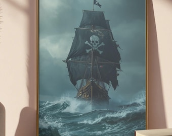 Decoración de pared con diseño de barco pirata: póster con estética de Piratas del Caribe, homenaje náutico a Jack Sparrow y su Perla Negra, lámina moderna de aventura en alta mar.
