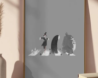 Plakat Abbey Road ze studia Ghibli – estetyczna grafika ścienna Totoro bez twarzy, nowoczesny wydruk Ruchomego zamku Hauru, minimalistyczna dekoracja z postaciami z anime