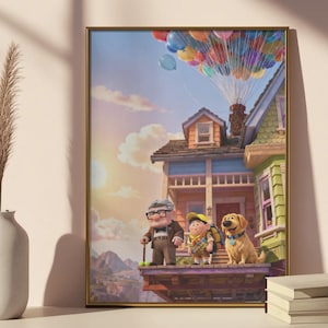 May include: Framed print featuring characters from the animated film "Up." The image shows an elderly man, a young boy, and a golden retriever dog standing on a porch with a house and colorful balloons in the background. The artwork is set against a sunny sky.