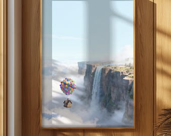 Póster de Pixar Up, lámina con paisaje de Paradise Falls, lámina de casa en globo aerostático, decoración retro de película de aventuras, descarga digital instantánea.