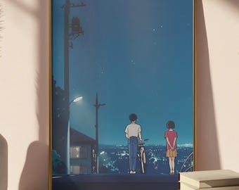 Whisper of the Heart Poster - Aesthetic Studio Ghibli Wall Art, Modern Shizuku and Seiji Night Sky Print, Minimalist Japanese Anime Decor
