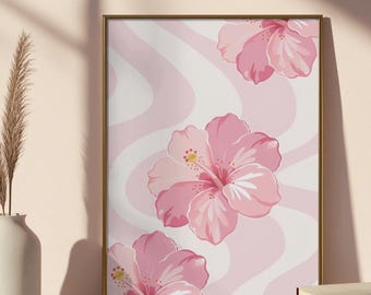 Póster de flor de hibisco rosa - Arte de pared con estampado floral ondulado estético, estampado floral tropical moderno, decoración minimalista para habitaciones en color rosa.