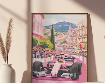 Póster rosa del Gran Premio de Mónaco - Lámina artística estética de Fórmula Uno, arte mural retro de carreras de F1, decoración minimalista moderna de Montecarlo, aficionado a las carreras