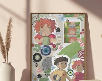 Ponyo Studio Ghibli Art Poster - Söt Sosuke & Ponyo Anime Collage Print, Estetisk Retro Ghibli Väggdekor, Japansk Film Fan Present