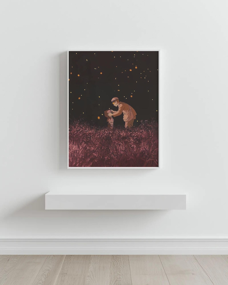 May include: A framed art print depicts two figures in a field under a starry night sky. The figures are in the center, with one appearing to assist the other. The field is a deep red-purple, and the sky is dark with scattered yellow lights.