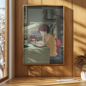 Peut inclure: Illustration encadr&eacute;e de style anime repr&eacute;sentant une personne &eacute;tudiant &agrave; un bureau. La personne, aux cheveux bruns, porte une chemise jaune et est assise sur une chaise rouge. Le bureau est encombr&eacute; de livres et de papiers.