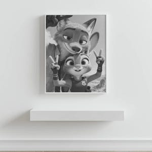 May include: A black and white framed wall art print featuring a cartoon fox and a cartoon rabbit posing together. The rabbit is in the foreground making a peace sign with both hands, while the fox stands behind with a hand raised. Both characters have expressive faces and are depicted in a detailed, animated style.