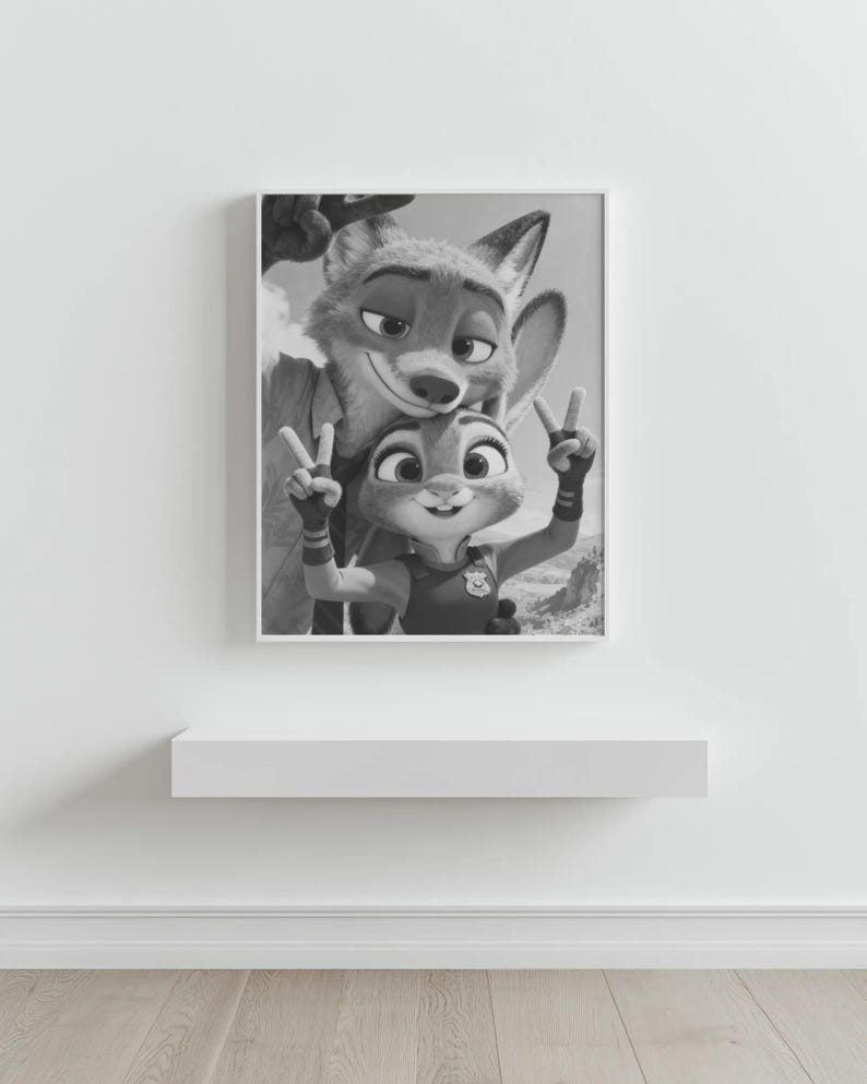 May include: A black and white framed wall art print featuring a cartoon fox and a cartoon rabbit posing together. The rabbit is in the foreground making a peace sign with both hands, while the fox stands behind with a hand raised. Both characters have expressive faces and are depicted in a detailed, animated style.