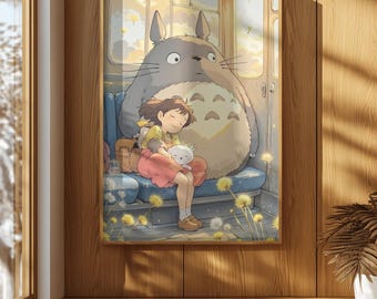 Schattige Totoro en meisje in de trein poster - Studio Ghibli geïnspireerde kunst aan de muur, grillig anime decor, kawaii kinderkamer print