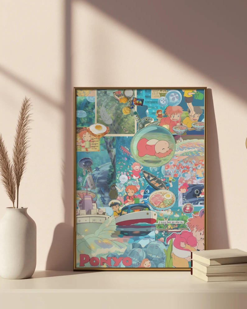 Estetisk Ponyo Collage Poster - Studio Ghibli Väggkonst, Söt Anime Filmscen Tryck, Modern Barnrumsinredning bild 1