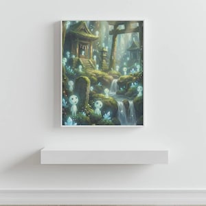 May include: A framed print depicting a serene forest scene with a waterfall, traditional Japanese structures, and glowing spirit figures. The artwork features lush greenery, soft lighting, and a mystical atmosphere, evoking a sense of tranquility and fantasy.