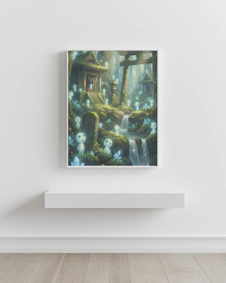 May include: A framed print depicting a serene forest scene with a waterfall, traditional Japanese structures, and glowing spirit figures. The artwork features lush greenery, soft lighting, and a mystical atmosphere, evoking a sense of tranquility and fantasy.