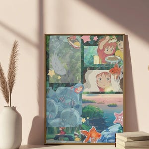 May include: A framed print featuring a collage of animated scenes. The artwork showcases characters and settings from a popular animated film, with vibrant colors and detailed illustrations. The frame is gold-colored.