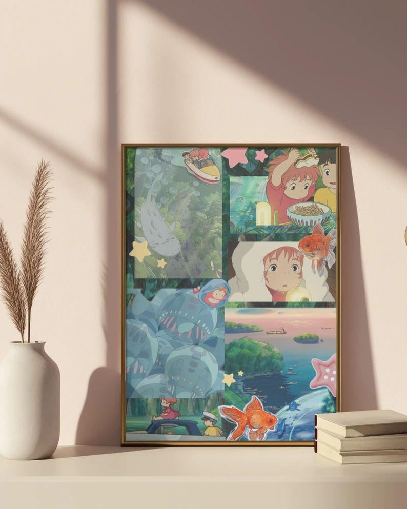 May include: A framed print featuring a collage of animated scenes. The artwork showcases characters and settings from a popular animated film, with vibrant colors and detailed illustrations. The frame is gold-colored.