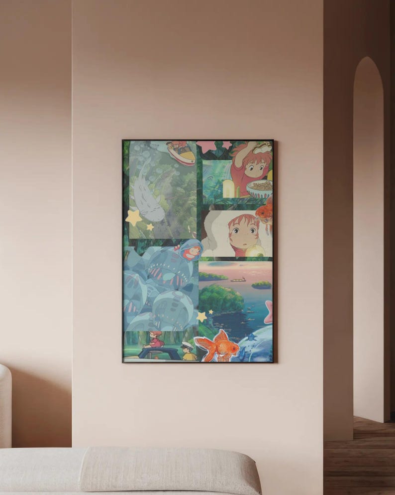 May include: A framed art print featuring a collage of colorful anime scenes. The artwork showcases characters and imagery from a popular animated film, with a black frame. The print is displayed on a neutral-colored wall.