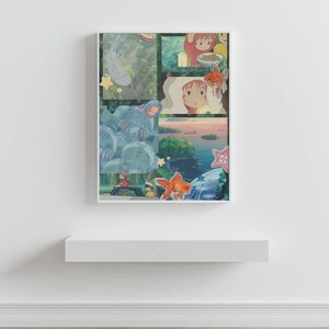 May include: A framed art print featuring a collage of anime-style illustrations. The artwork includes scenes with characters, a goldfish, and aquatic elements in a vibrant color palette of greens, blues, and oranges. Decorative stars and a pink starfish are also included.