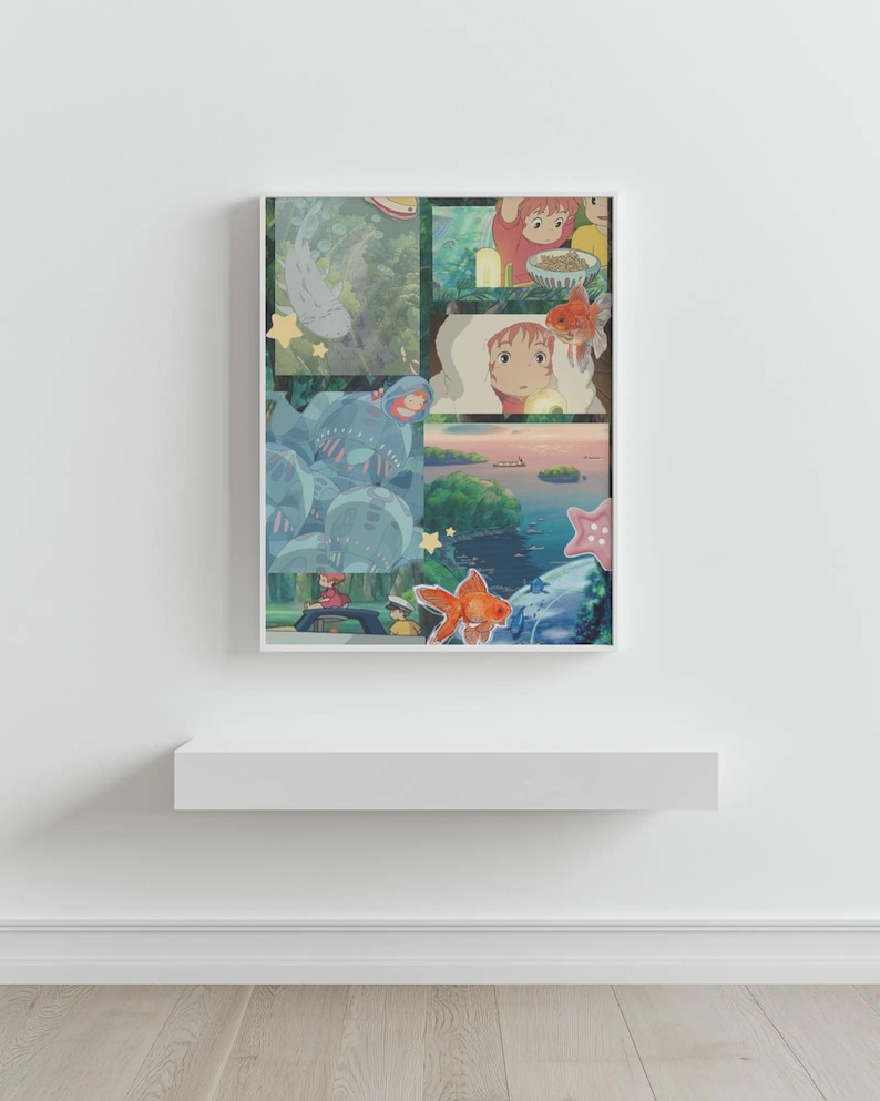 May include: A framed art print featuring a collage of anime-style illustrations. The artwork includes scenes with characters, a goldfish, and aquatic elements in a vibrant color palette of greens, blues, and oranges. Decorative stars and a pink starfish are also included.