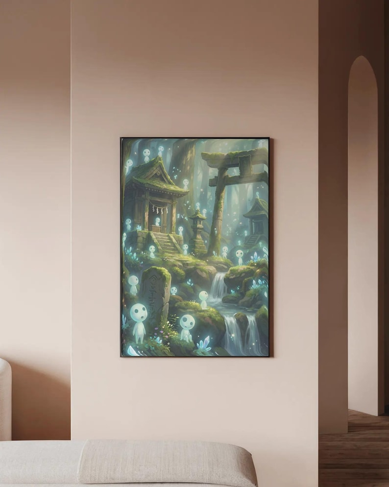 May include: A framed art print depicting a serene forest scene with a Japanese temple, a torii gate, and small, glowing spirit-like figures. The artwork features a waterfall, lush greenery, and a soft, ethereal glow.