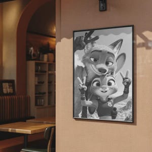 Nick and Judy Zootopia Poster - Black and White Disney Art Print, Aesthetic Cute Zootropolis Wall Decor, Zootopia 2 Fan Gift Poster image 5