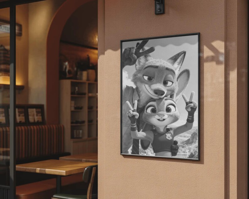 Nick and Judy Zootopia Poster - Black and White Disney Art Print, Aesthetic Cute Zootropolis Wall Decor, Zootopia 2 Fan Gift Poster image 5