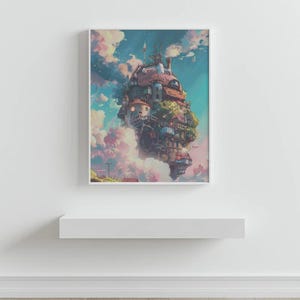 May include: A framed art print depicts a whimsical, multi-story building floating in a cloudy sky. The building has a red roof, multiple windows, and is surrounded by lush greenery. The artwork is set against a backdrop of blue and pink clouds.