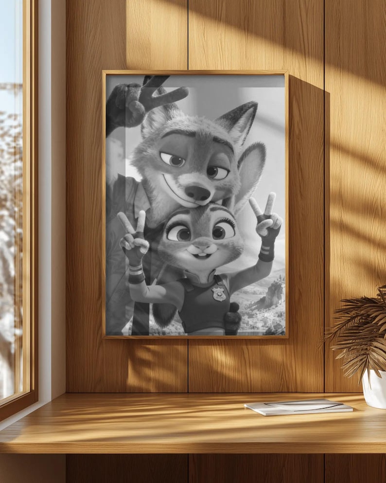 May include: A black and white framed wall art print featuring a fox and a rabbit character posing together. Both characters are making a peace sign gesture with their hands. The fox is positioned behind the rabbit, and both have expressive faces.