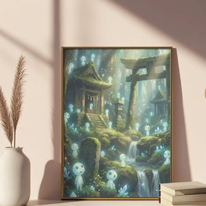 May include: Framed art print depicting a serene forest scene with a waterfall, traditional Japanese structures, and glowing spirit figures. The artwork features a gold frame and is displayed on a white surface with a vase and books.
