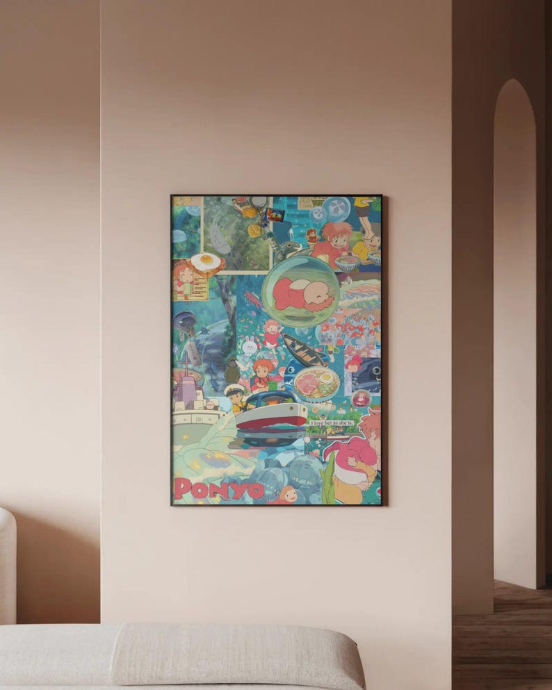 Estetisk Ponyo Collage Poster - Studio Ghibli Väggkonst, Söt Anime Filmscen Tryck, Modern Barnrumsinredning bild 3
