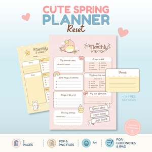 Peut inclure: Un planificateur numérique sur le thème du printemps. Le planificateur comprend des pages pour les objectifs et les intentions mensuels, avec une palette de couleurs pastel et des illustrations fantaisistes. Comprend des autocollants et est conçu pour Goodnotes et iPad.