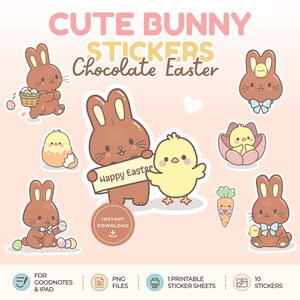 Peut inclure: Ensemble d'autocollants mignons de lapins et de poussins avec le texte "CUTE BUNNY STICKERS Chocolate Easter" sur fond rose clair. Les autocollants incluent des lapins avec des œufs, tenant des pancartes et un poussin dans une fleur. Inclut le texte "Happy Easter".