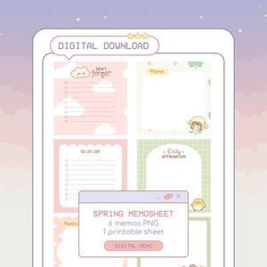 以下が含まれることがあります： 6つのメモと1枚の印刷可能なシートが付いた、春のメモシートのデジタルダウンロード。パステルピンクとグリーンのメモパッドのデザインで、「Don't forget」、「To do list」、「Daily affirmation」のテキストとキュートなイラストが特徴です。