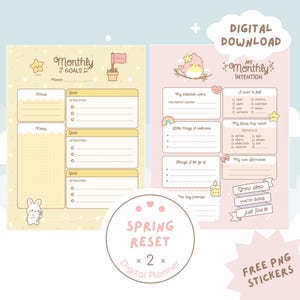 Peut inclure: Deux pages de planificateur numérique aux couleurs pastel. L'une est jaune avec un motif de lapin, l'autre est rose avec un motif d'oiseau. Le texte comprend "Objectifs mensuels" et "Mon intention mensuelle". Un graphique circulaire indique "Spring Reset".