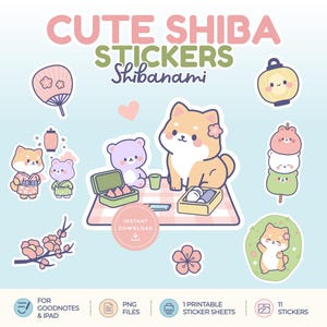 Peut inclure: Autocollants Shiba mignons avec d'adorables chiens Shiba Inu et d'autres illustrations sur le thème japonais. Les autocollants comprennent une scène de pique-nique, un éventail, une lanterne et une brochette de dango. Le texte "CUTE SHIBA STICKERS" et "Shibanami" sont affichés.