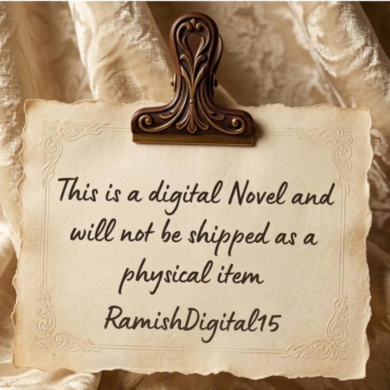 May include: A vintage-style paper with the text "This is a digital Novel and will not be shipped as a physical item RamishDigital15" is held by a decorative brown clip. The paper has ornate edges and is set against a textured background.